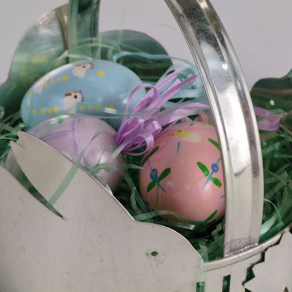 Vintage Easter Set Tin Bunny Basket w Hand Painted Eggs + The Egg Lady Porcelain - Picture 11 of 11
